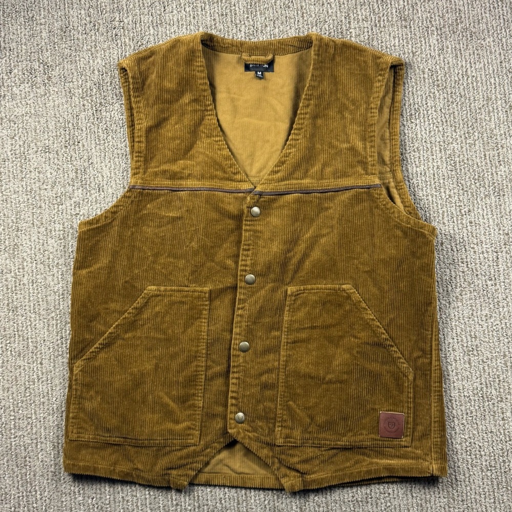 Brixton x Fender Union Corduroy Snap Vest Mens M Workwear Pockets Brown